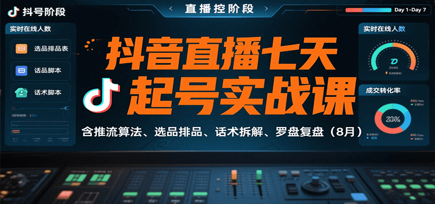 抖音直播七天起号实战课：含推流算法、选品排品、话术拆解、罗盘复盘(8月)-易创网
