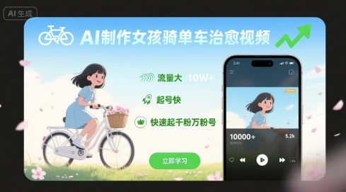 AI制作女孩骑单车治愈视频，流量大，起号快，快速起千粉万粉号-云网创