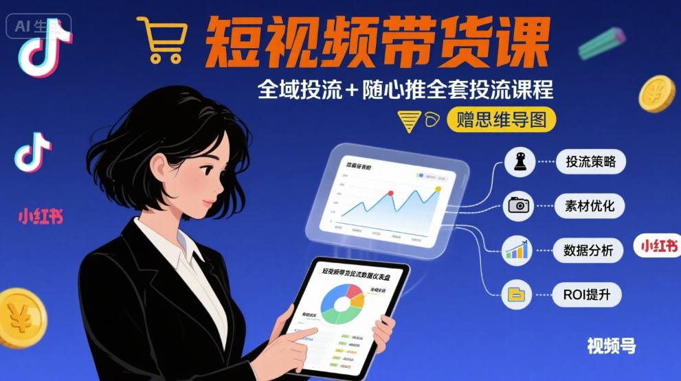 最新短视频带货课，全域投流+随心推全套投流课程+思维导图-清枫云网创