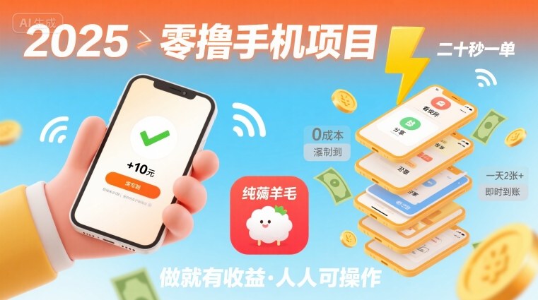 2025年零撸手机项目，二十秒一单，纯薅羊毛 一天2张+做就有-零氪云网创
