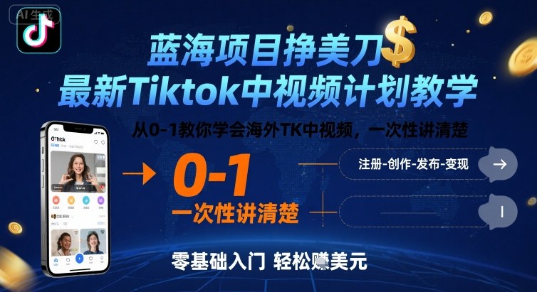 蓝海项目挣美刀，最新Tiktok中视频计划教学，从0-1教你学会海外TK中视频，一次性讲清楚-沐风网创