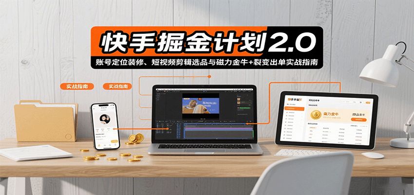 快手掘金计划2.0，账号定位装修、短视频剪辑选品与磁力金牛+裂变出单实战指南-清枫云网创