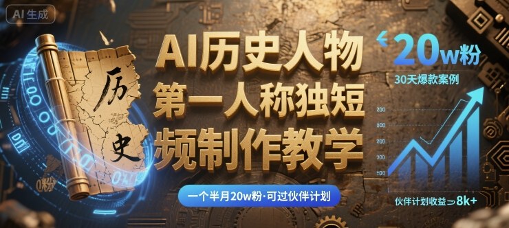 最新AI历史人物第一人称独白短视频制作教学，一个半月20w粉，可过伙伴计划-清枫云网创