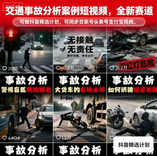 交通事故分析案例短视频，全新赛道，可做抖音精选计划，可同步百家号头条号支付宝视频号平台-起鸣助创社