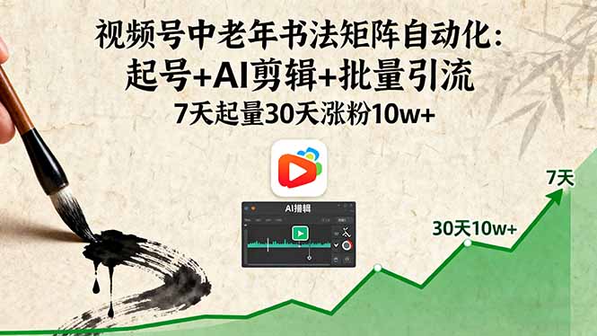 视频号中老年书法矩阵自动化：起号+AI剪辑+批量引流 7天起量30天涨粉10w+-好好云网创
