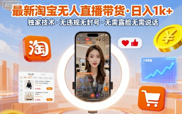 最新淘宝无人直播带货，日入1k+，独家技术，无违规无封号，无需露脸无需说话【揭秘】-易创网