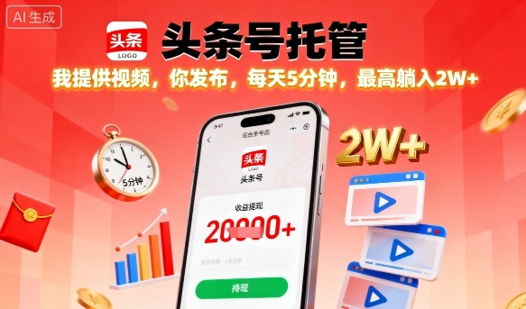 【头条号托管】我提供视频，你发布，每天5分钟，最高躺入2W+【揭秘】-或|网创人人推