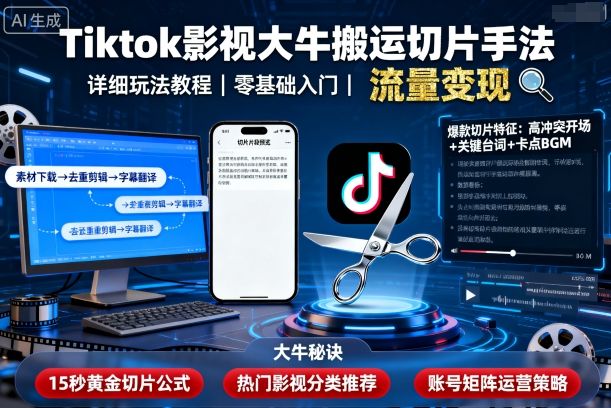 Tiktok影视大牛搬运切片手法，详细玩法教程-云网创