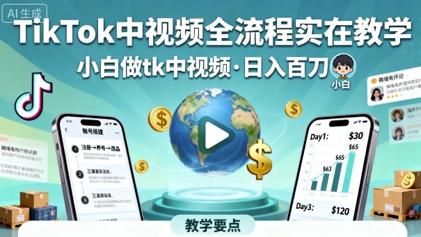 TikTok中视频全流程实操教学，小白做tk中视频，日入百刀-赋智工坊