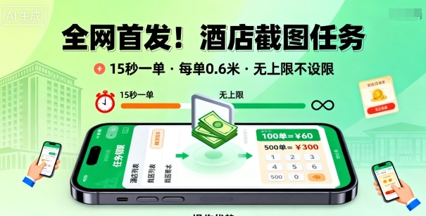全网首发！酒店截图任务，15秒一单，每单0.6米，任务无上限不设限，矩阵操作单日3张到手【揭秘】-新起点网创