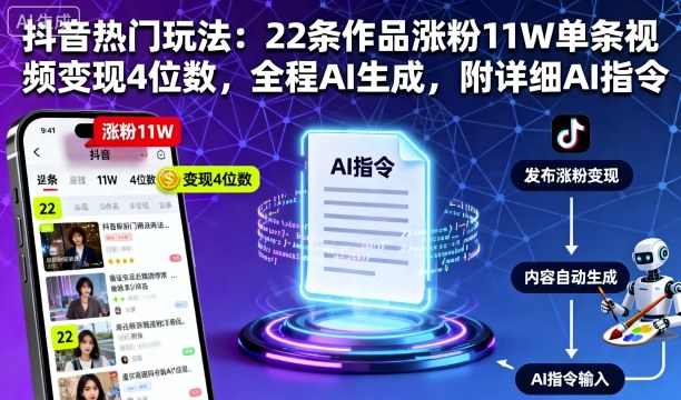 抖音热门玩法：22条作品涨粉11W单条视频变现4位数，全程AI生成，附详细AI指令-赋智工坊