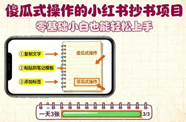 傻瓜式操作的小红书抄书项目，会复制粘贴就行，零基础小白也能一天3张-优优云网创资源网