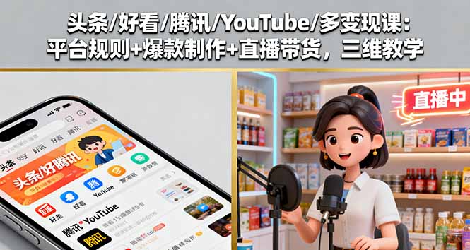 头条/好看/腾讯/YouTube/多变现课：平台规则+爆款制作+直播带货，三维教学-云网创