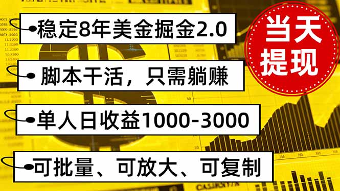 稳定8年美金掘金2.0脚本干活，只需躺赚。单人日收益1000-3000可批量、…-云网创