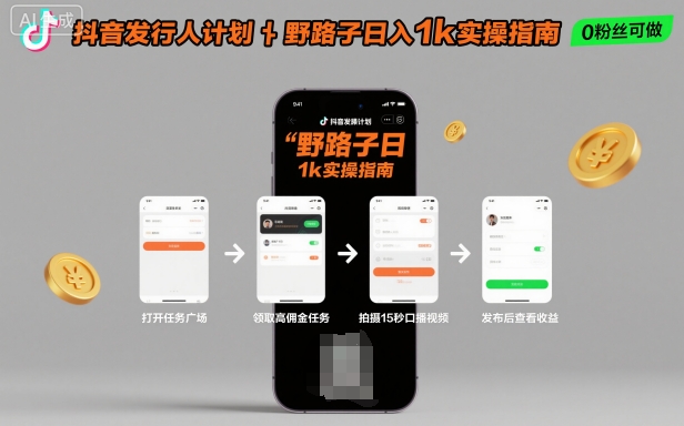 抖音发行人计划全新野路子玩法，随时随地，只要有手机，就能操作，日入1k+【揭秘】-云网创