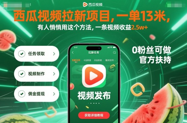 西瓜视频拉新项目，一单13米，有人悄悄用这个方法，一条视频收益2.5w+(附详细教程)-创派资源网