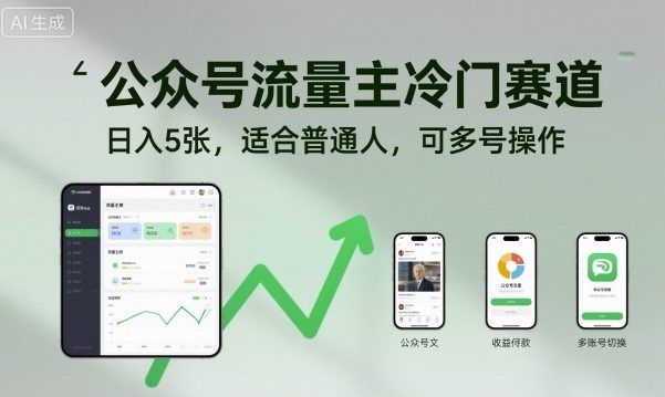 公众号流量主冷门赛道，日入5张，适合普通人，可多号操作-焦点网创