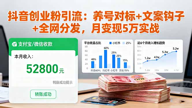 抖音创业粉引流：养号对标+文案钩子+全网分发，月变现5万实战-E源网