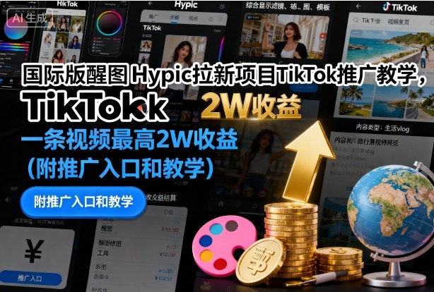 国际版醒图Hypic拉新项目TikTok推广教学，一条视频最高2W收益(附推广入口和教学)-E源网