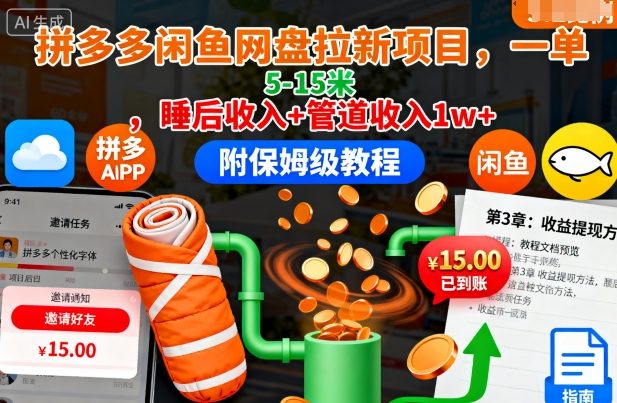 拼多多闲鱼网盘拉新项目，一单5-15米，睡后收入+管道收入1w+(附保姆级教程)-共赢云网创