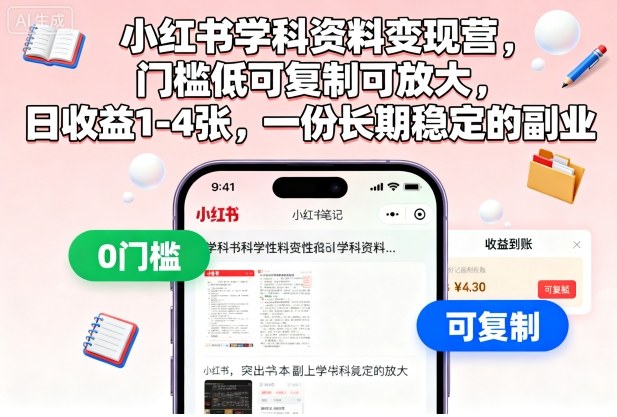 小红书学科资料变现营，门槛低可复制可放大，日收益1-4张，一份长期稳定的副业-仰望云网创