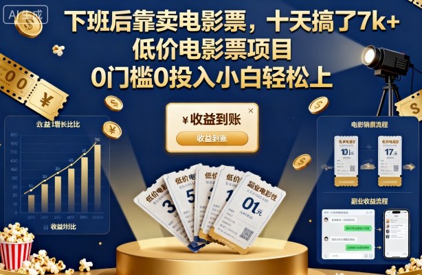 下班后靠卖电影票，十天搞了7k+，低价电影票项目，0门槛0投入小白轻松上手【揭秘】-云网创