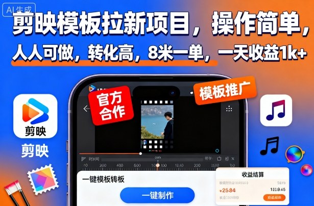 剪映模板拉新项目，操作简单，人人可做，转化高，8米一单，一天收益1k+-共赢云网创