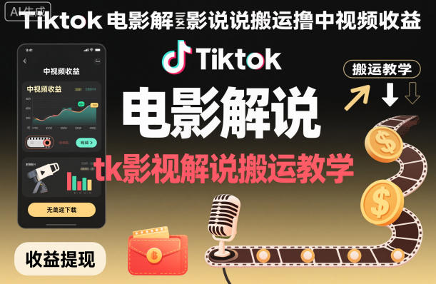 Tiktok电影解说搬运撸中视频收益，tk影视解说搬运教学-智创云