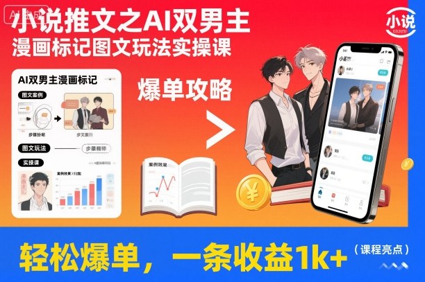 小说推文之AI双男主漫画标记图文玩法实操课，轻松爆单，一条收益1k+-凯文优创资源网