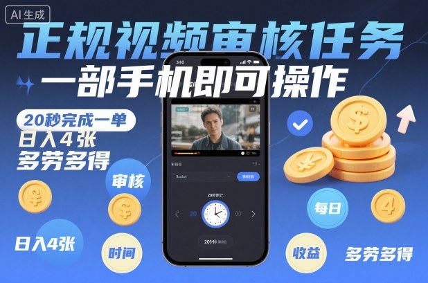 正规视频审核任务，一部手机即可操作，20秒完成一单，日入4张，多劳多得【揭秘】-参一网创