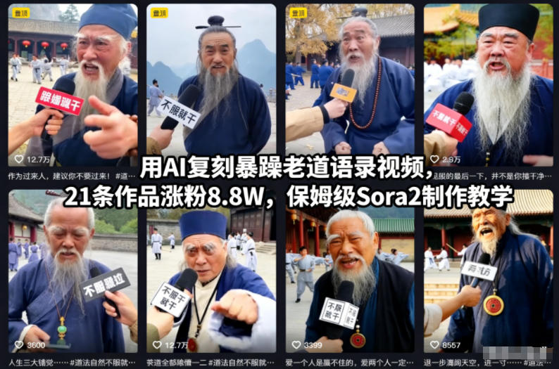 用AI复刻暴躁老道语录视频，21条作品涨粉8.8W，保姆级Sora2制作教学-飞盾网创