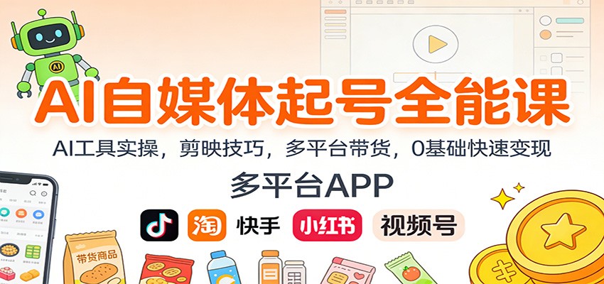 AI自媒体起号全能课：AI工具实操，剪映技巧，多平台带货，0基础快速变现-优优云网创