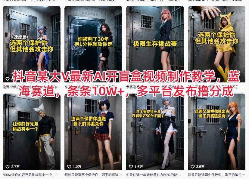 抖音某大V最新AI开盲盒视频制作教学，蓝海赛道，条条10W+，多平台发布撸分成-优云网创分享