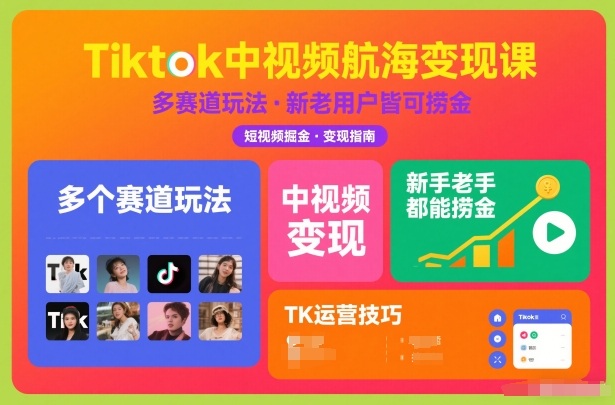 Tiktok中视频航海变现课，多个赛道玩法，新手老手都能在TK中视频捞金-三优网创
