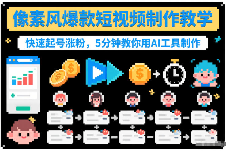 像素风爆款短视频制作教学，快速起号涨粉，5分钟教你用AI工具制作-飞盾网创