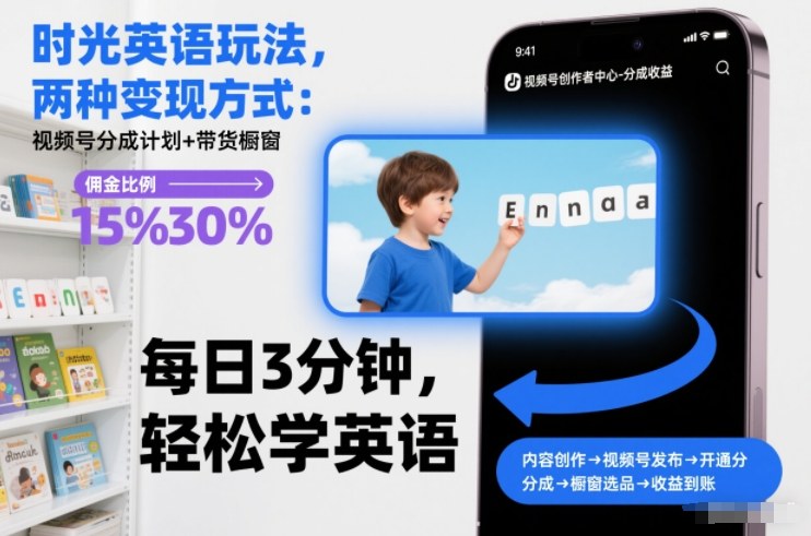 时光英语玩法，两种变现方式：视频号分成计划+带货橱窗-云网创