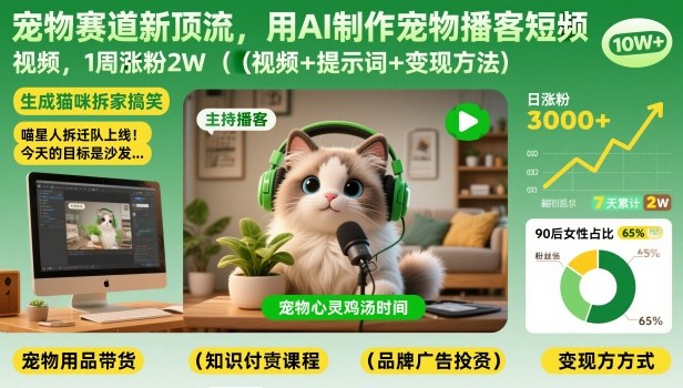 宠物赛道新顶流，用AI制作宠物播客短视频，1周涨粉2W(视频+提示词+变现方法)-云网创