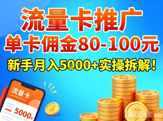 流量卡推广，单卡佣金80-100，新手月入5k+实操拆解！-云网创