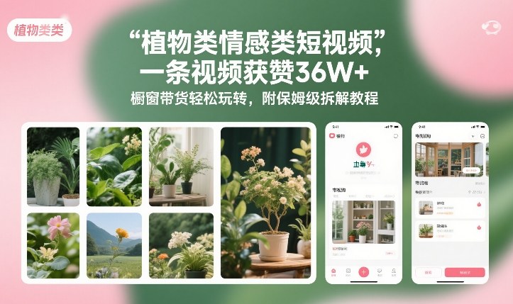 植物类情感类短视频，一条视频获赞36W+，橱窗带货轻松玩转，附保姆级拆解教程-参一网创