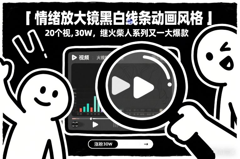 情绪放大镜黑白线条动画风格，20个视频，涨粉30W，继火柴人系列又一大爆款-云网创