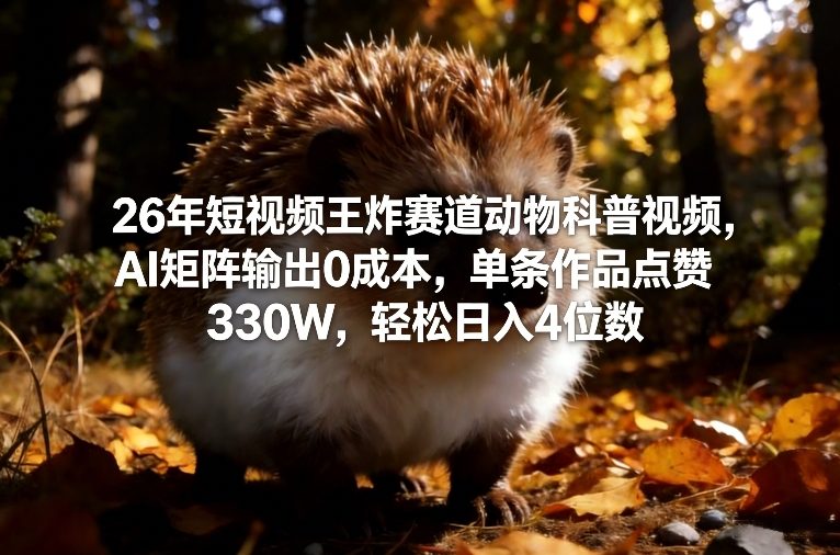 26年短视频王炸赛道动物科普视频，AI矩阵输出0成本，单条作品点赞330W，轻松日入4位数-参一网创