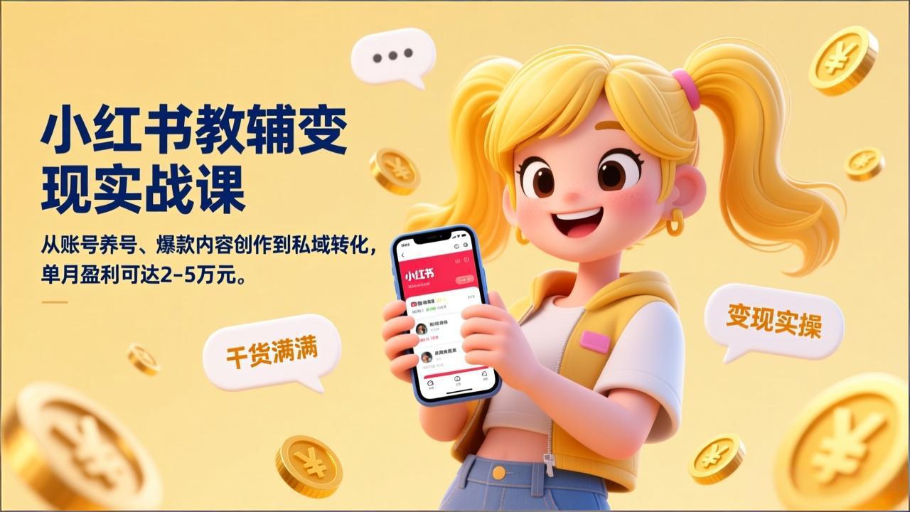 小红书教辅变现实战课，从账号养号、爆款内容创作到私域转化，单月盈利可达2-5万元-拾贝小站