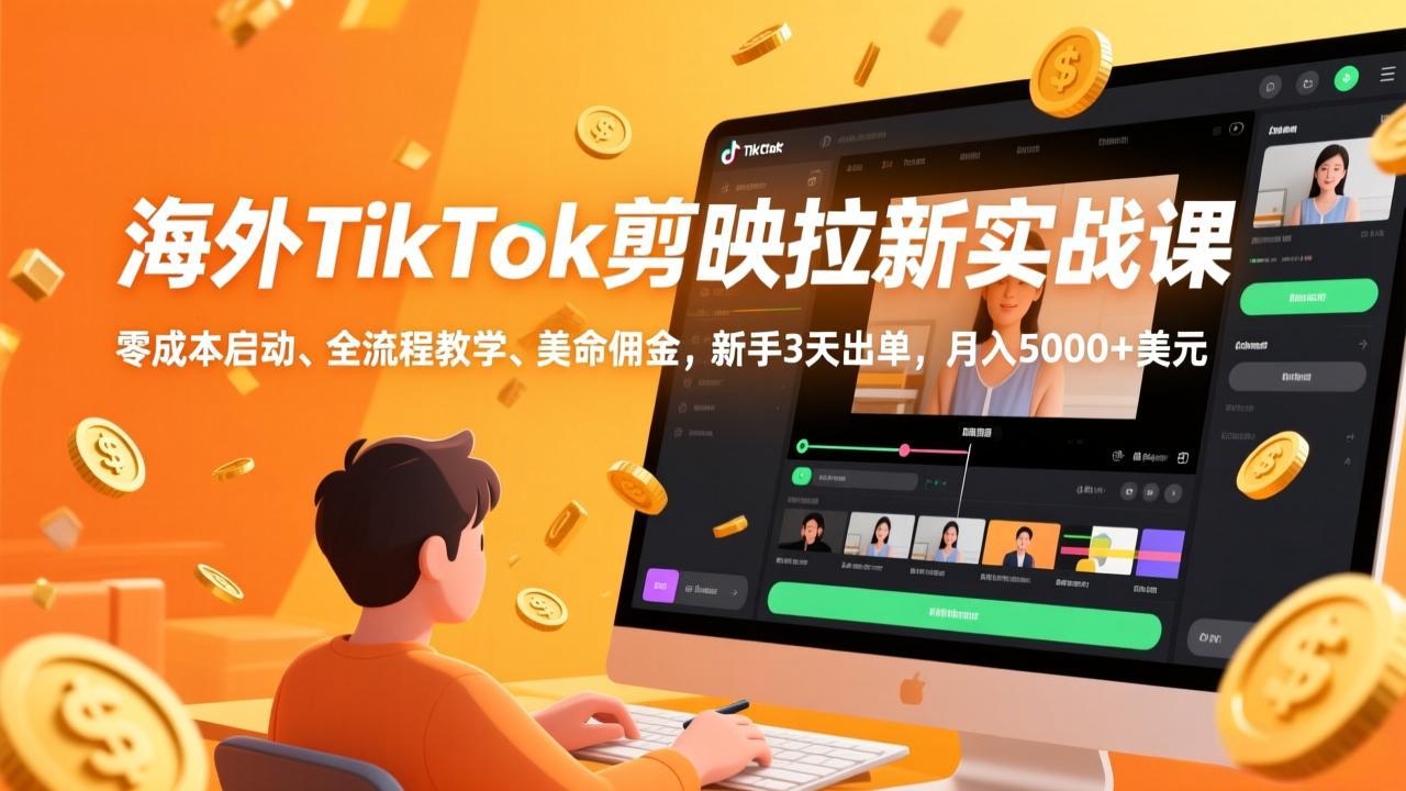 海外TikTok剪映拉新实战课，零成本启动、全流程教学、美金佣金，新手3天出单，月入5000+美元-云网创