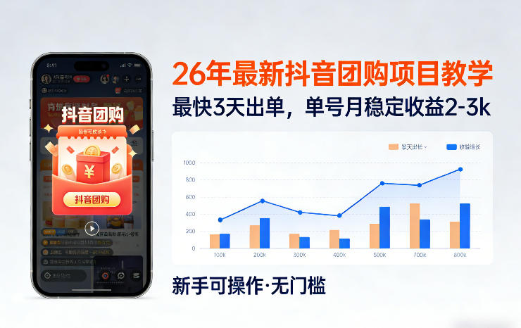 26年最新抖音团购项目教学，0门槛，最快3天出单，单号月稳定收益2-3k-网创项目网-网创项目资源站-副业项目-创业项目-搞钱项目
