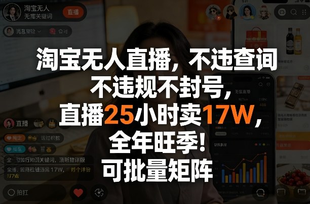 淘宝无人直播，不违规不封号，直播25小时卖17W，全年旺季！可批量矩阵【揭秘】-云网创