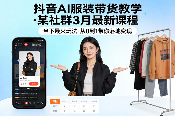 抖音AI服装带货教学，某社群3月最新课程，当下最火玩法，从0到1带你落地变现-云网创