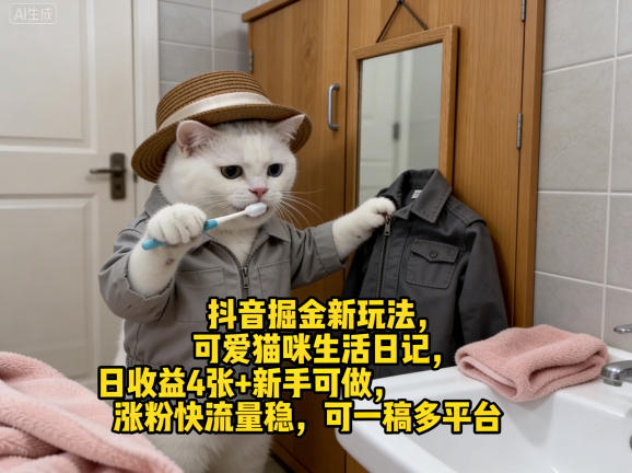 抖音掘金新玩法，可爱猫咪生活日记，日收益4张+新手可做，涨粉快流量稳，可一稿多平台-云网创