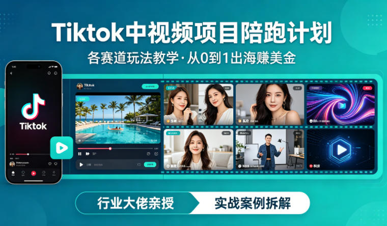 某大佬的Tiktok中视频项目陪跑，涵盖TK各个赛道玩法教学，从0到1出海賺美金-如寅网创