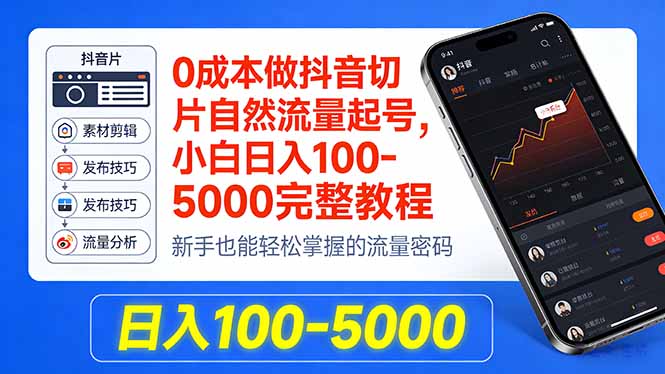 0成本做抖音切片自然流量起号，小白日入100-5000完整教程-云网创