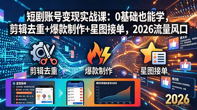 短剧账号变现实战课：0基础也能学，剪辑去重+爆款制作+星图接单，2026流量风口-亿云网创